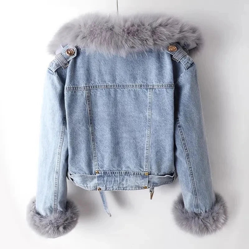 Grace - Plush Fur Collar Denim Jacket