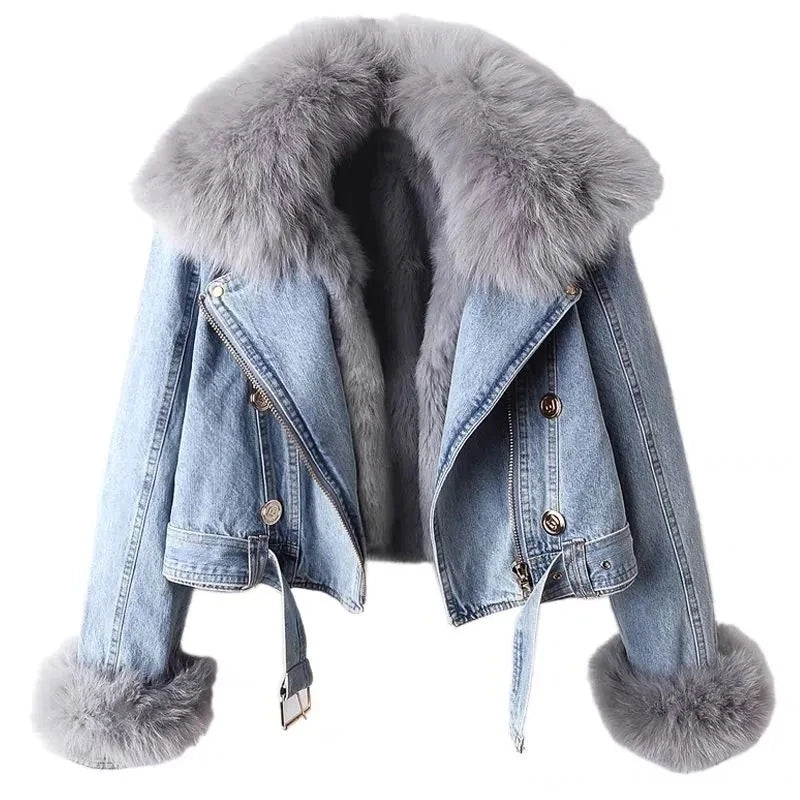 Grace - Plush Fur Collar Denim Jacket