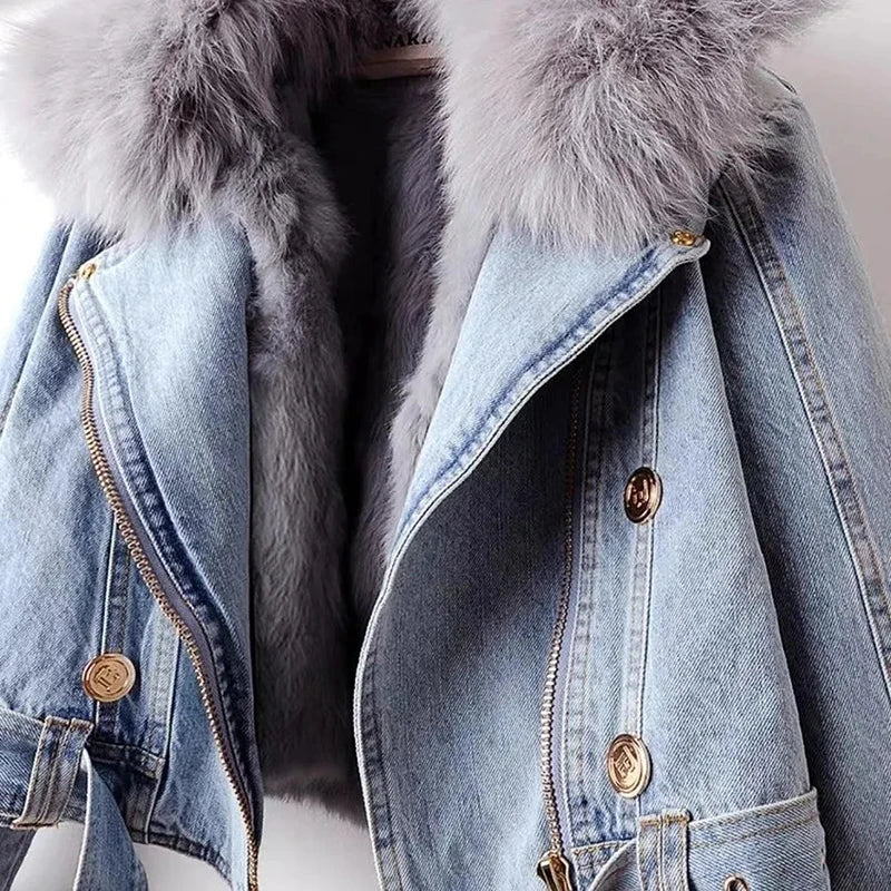 Grace - Plush Fur Collar Denim Jacket