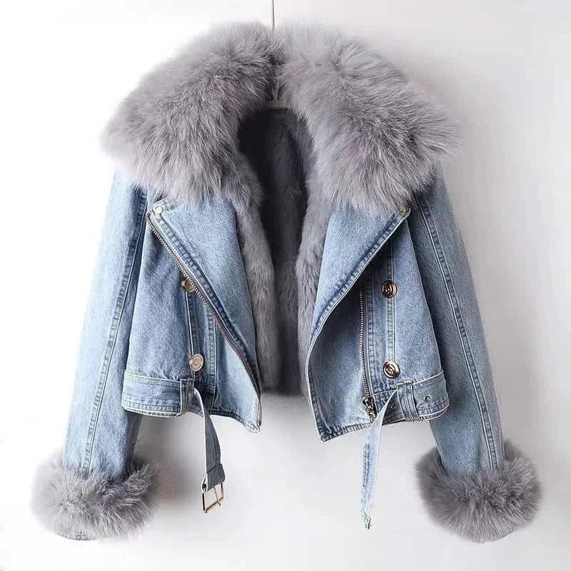 Grace - Plush Fur Collar Denim Jacket