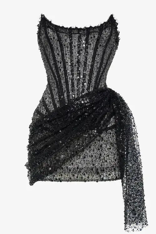 Ella - Black Sequin Corset Draped Strapless Dress