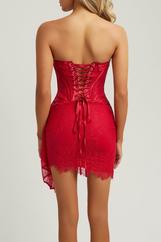 Georgia- Red Lace Mesh Corset Drape Mini Dress